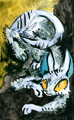 abstract_background ambiguous_gender feral fur lying on_front orange_sclera paws solo white_body white_fur naircat domestic_cat felid feline felis mammal 2015 gouache_(artwork) hi_res painting_(artwork) traditional_media_(artwork) traditional_painting_(artwork)