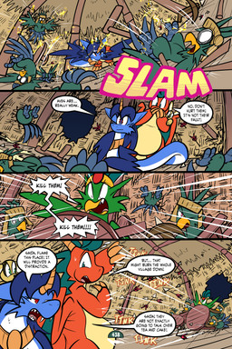 2_horns 4_panel_comic ambiguous_gender arrow_(weapon) balloon balloon_with_face beak black_nose black_text blue_body blue_fur blue_wings bodily_fluids brown_body cheek_tuft claws covering covering_mouth crossbow dialogue dizzy_eyes electricity ellipsis exclamation_point eyebrows eyelashes facial_tuft fangs feathered_wings feathers feet feral finger_claws fur furniture green_eyes group horn hut inflatable inside jewelry looking_at_another motion_lines one_eye_closed orange_body page_number pendant ranged_weapon red_eyes scales sharp_teeth shooting sound_effects speech_bubble sweat sweatdrop table tail tail_feathers talking_to_another talons teeth text toe_claws toes tongue toony tuft weapon white_sclera wings x_eyes yellow_beak virmir mythology renbrand roko_kirihoko saida avian canid canine couatl dragon feathered_scalie feathered_snake fox mammal mythological_creature mythological_scalie reptile scalie snake 2025 2:3 absurd_res comic english_text hi_res female_(lore) male_(lore)