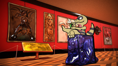 anthro art_gallery ball_gag bdsm blindfold bondage bound clone gag genitals group holding_money holding_object hornyhoney_(modeler) hunting_trophy latex living_trophy male money nude penis plaque sitting sitting_on_another t-pose tail text vacuum_bed vacuum_cube wall_mounted aquinas_audax f3lixc4tus_(modeler) nintendo pokemon edgar_munroe mettle_winslowe arthropod crocodile crocodilian generation_1_pokemon generation_5_pokemon insect krokorok nile_crocodile pokemon_(species) reptile scalie scyther 16:9 3d_(artwork) 4k absurd_res blender_(artwork) blender_cycles_(artwork) digital_media_(artwork) english_text hi_res widescreen