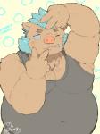 anthro belly blush clothing humanoid_hands male one_eye_closed overweight overweight_anthro overweight_male shirt simple_background solo tank_top text topwear wink buta5kawa hamuga86 lifewonders tokyo_afterschool_summoners ganglie_(tas) mammal suid suine sus_(pig) wild_boar 2019 absurd_res hi_res