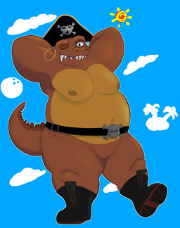 anthro belly belt big_belly blue_background boots brown_body brown_scales clothing confident confident_anthro confident_male ear_piercing ear_ring footwear hands_behind_head male moobs mostly_nude nipples null one_eye_closed overweight overweight_anthro overweight_male piercing pirate pirate_hat raised_arms ring_piercing scales shoes simple_background skull_and_crossbones smile snaggle_teeth solo standing sun tail thick_thighs wink springles donkey_kong_(series) donkey_kong_country_(tv_series) nintendo kaptain_skurvy crocodile crocodilian kremling reptile scalie 2022 colored digital_drawing_(artwork) digital_media_(artwork) hi_res