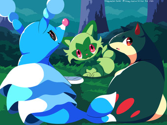 ambiguous_gender black_eyes blue_body eyelashes feral forest fur grass green_body green_fur group looking_at_viewer looking_back multicolored_body open_mouth paws pink_eyes plant red_eyes shrub smile tail tongue tree trio two_tone_body sleepy_sealion nintendo pokemon brionne felid feline generation_2_pokemon generation_7_pokemon generation_9_pokemon mammal pokemon_(species) quilava sprigatito 2026 4:3 absurd_res dated hi_res signature