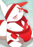 anthro bdsm blush bondage bound bow_ribbon fur gift_wrapped kneeling male pink_eyes ribbon_bondage ribbons slightly_chubby solo white_body white_fur matchstick_39 nintendo pokemon generation_3_pokemon pokemon_(species) zangoose