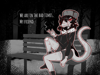 anthro bandage bandage_on_face bench big_breasts black_boots black_clothing black_footwear black_hair black_topwear blood bodily_fluids boots bottomwear breasts choker cigarette clothed clothed_anthro clothed_female clothing detailed_background dialogue female fingers footwear front_view frown grey_body grey_bottomwear grey_clothing grey_shorts hair hat headgear headwear holding_cigarette holding_object humanoid_hands jewelry necklace non-mammal_breasts nosebleed outside pose red_eyes russian sad scratch shoes shorts sitting smoke solo tail talking_to_viewer text topwear ushanka gothgator0 dinosaur prehistoric_species reptile scalie 4:3 absurd_res english_text hi_res restricted_palette