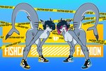 anthro bent_over breasts clothing dorsal_fin dual_persona duo featureless_breasts female fin footwear footwear_only male mostly_nude shoes shoes_only sneakers standing text sharkcatsg kayla_fish kyle_r._fish fish marine shark 2023 english_text hi_res