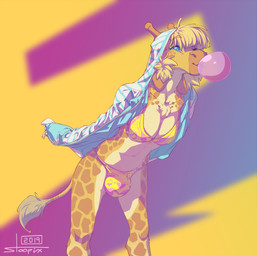 anthro big_bulge bikini blonde_hair blowing_bubble_gum breasts bubble bubble_gum bulge candy chest_tuft cleavage clothed clothing dessert food gum gynomorph hair hoodie inflating intersex jacket open_clothing open_jacket open_topwear simple_background smile solo standing swimwear topwear tuft two-piece_swimsuit stoopix mackenzie_(stoopix) giraffe giraffid mammal 2019