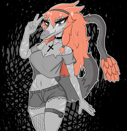 alternative_fashion anthro biped bottomwear breasts clothing crop_top cross cross_necklace crossgender dark_eyeshadow female fishnet_clothing fishnet_legwear fur furry_tail gesture goth hair hand_gesture hotpants jewelry legwear looking_at_viewer necklace neckwear non-mammal_breasts orange_hair shirt shorts slim smile solo tail topwear v_sign gothgator0 cavemanon_studios goodbye_volcano_high ko_op_(game_developer) snoot_game reed_(gvh) reeda dinosaur dromaeosaurid prehistoric_species reptile saurischian scalie theropod velociraptor absurd_res greyscale hi_res monochrome