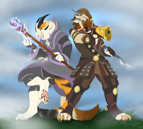 4_ears anthro claws dagger dreadlocks duo female fight fog gun handgun horn knife magic melee_weapon mottled multi_ear pawpads paws piebald pistol ranged_weapon simple_background staff weapon kindreddemon guild_wars calico_cat charr domestic_cat felid feline felis mammal siamese_cat absurd_res hi_res