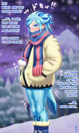 anthro blue_eyes blue_hair clothing duo glacier hair jacket latex latex_transformation male male/male mountain pokeball scarf skinsuit solo suit_transformation text tight_clothing topwear transformation winter yellow_eyes omoi nintendo pokemon grusha_(pokemon) eeveelution generation_4_pokemon glaceon human mammal pokemon_(species) english_text