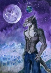 anthro biped bottomwear city clothed clothing demala denim denim_bottomwear denim_clothing detailed_background frown jeans male night pants sky solo standing star starry_sky tail topless alectorfencer hybrid mammal