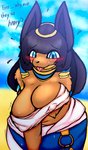 anthro black_hair blue_eyes blush bodily_fluids breasts brown_body clothed clothing egyptian female hair jewelry looking_at_viewer navel question_mark solo sweat text tongue tongue_out milkteafox egyptian_mythology middle_eastern_mythology mythology zenonzard anbs-02 anubis canid canine canis deity jackal mammal 2020 absurd_res english_text hi_res