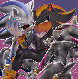 anthro black_body black_fur blush butt clothing footwear fur gloves group half-closed_eyes handwear machine male male/male narrowed_eyes shoes simple_background spread_legs spreading tail trio soina sega sonic_the_hedgehog_(series) shadow_the_hedgehog android eulipotyphlan hedgehog mammal robot digital_media_(artwork) hi_res