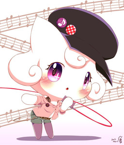 accessory anthro badge belt big_head blush bottomwear clothed clothing featureless_limbs female flat_cap front_view fur hair hat headgear headwear heart_symbol holding_object huge_head legwear music_player musical_note musical_symbol open_mouth outstretched_arm partially_clothed purple_eyes rolled_up_sleeves semi-anthro shirt short_hair shorts solo standing symbol tights toony topwear white_body white_fur white_hair y2k_(fashion) zeru_(ma) tamagotchi felid mammal pianitchi tamagotchi_(species) 2017