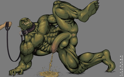 anus arm_hair arm_support armpit_hair backward_arm_support bald balls beard belly_hair bent_arm bent_knee_side_plank_pose bent_legs big_penis bodily_fluids body_hair butt butt_hair chest_hair disembodied_hand duo extended_arm facial_hair feet genital_fluids genitals hairy hairy_feet hand_on_leg hand_on_own_leg hand_on_own_thigh hand_on_thigh hand_under_leg hiked_leg holding_leg holding_raised_leg holding_thigh humanoid_focus humanoid_genitalia humanoid_penis leash leg_hair male male_focus mostly_offscreen_character muscular muscular_humanoid muscular_male not_furry pain peeing penis plantigrade pubes raised_heel raised_leg soles solo_focus urine vein veiny_muscles watersports icysage humanoid orc pillarbox