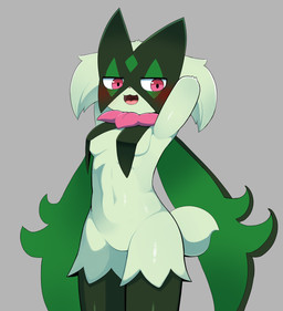 anthro biped blush blush_lines breast_curtains breasts featureless_crotch female female_anthro frill_(anatomy) fur glistening glistening_body glistening_eyes glistening_fur green_body green_fur green_tail grey_background hands_behind_head legs_together mask navel neck_frill nude nude_anthro nude_female open_mouth pink_eyes pink_nose short_tail simple_background small_breasts small_nose solo standing tail tongue wearing_mask sum nintendo pokemon felid feline generation_9_pokemon mammal meowscarada pokemon_(species) 2026 absurd_res digital_drawing_(artwork) digital_media_(artwork) hi_res
