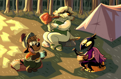 ambiguous_gender anthro armor black_body black_feathers bowl bread cloak clothing container eating feathers female food footwear group hair hair_over_eyes headgear helmet male meat sandals shoes smile soup sunset tent trio yellow_sclera puppy_guard crystal_(puppy_guard) russell_(puppy_guard) wick_(puppy_guard) avian bird canid canine canis corvid corvus_(genus) crow domestic_dog herding_dog mammal oscine passerine pastoral_dog sheepdog absurd_res hi_res official_art nonbinary_(lore) trans_(lore) trans_woman_(lore)