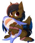 ambiguous_gender beak black_hair blue_body blue_feathers brown_body brown_feathers brown_fur feathered_wings feathers feral fingers fur hair highlights_(coloring) holding_object hug inner_ear_fluff plushie red_eyes shark_plush solo tuft wings pesty_skillengton european_mythology greek_mythology hasbro my_little_pony mythology fan_character avian hippogriff mythological_avian mythological_creature 2018 absurd_res digital_media_(artwork) hi_res