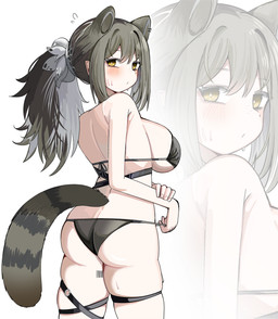 barcode barcode_tattoo bikini black_bikini black_clothing black_swimwear blush breasts brown_hair butt clothing female hair looking_at_viewer looking_back looking_back_at_viewer ponytail simple_background solo swimwear tail tattoo two-piece_swimsuit white_background spamham arknights hypergryph studio_montagne robin_(arknights) animal_humanoid humanoid mammal mammal_humanoid procyonid procyonid_humanoid raccoon_humanoid 2025 absurd_res digital_media_(artwork) hi_res