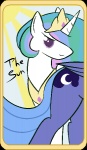 blue_body blue_feathers blue_hair card card_template crescent_moon crown cutie_mark duo feathered_wings feathers female feral fortune_telling green_hair hair headgear horn major_arcana moon multicolored_hair purple_eyes purple_hair quadruped rainbow_hair sun tail tarot tarot_card the_sun_(tarot) white_body wings shenhibiki friendship_is_magic hasbro my_little_pony mythology princess_celestia_(mlp) princess_luna_(mlp) equid equine mammal mythological_creature mythological_equine pegasus unicorn sibling_(lore) sister_(lore) sisters_(lore)