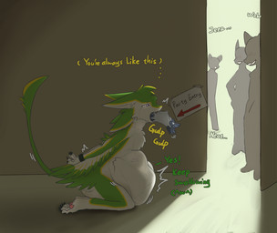 ambiguous_gender anthro anthro_pred anthro_prey bdsm bondage bound disregard_for_life disregard_of_life green_body group oral_vore same_size_vore text vore willing_prey accadurosoce muth_(accadurosoce) arthropod avali insect lepidopteran moth english_text hi_res