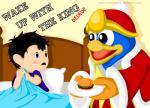 anthro bed bedroom black_hair blush burger clothing duo food furniture gloves hair handwear hat headgear headwear male parody pillow scared short_hair text staniamarsh burger_king earthbound_(series) kirby_(series) nintendo king_dedede ness avian bird human mammal comic_sans crossover english_text url watermark