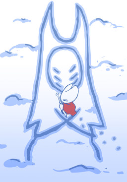 2_horns 6_eyes ambiguous_gender cloak clothing eyes_closed holding_melee_weapon holding_object holding_weapon hood horn lying melee_weapon multi_eye on_ground red_cloak red_clothing sad snow solo weapon kuijinxi hollow_knight_(franchise) team_cherry herrah_(hollow_knight) hornet_(hollow_knight) arthropod 2025 absurd_res hi_res female_(lore)
