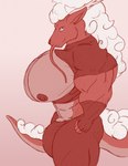 2018 5_fingers anthro antlers big_bulge big_muscles big_pecs bottomwear bulge cleavage_cutout clothing cutout dragon eastern_dragon fingerless_gloves fingers fist gloves hair handwear hi_res horn huge_bulge huge_muscles huge_pecs hyper hyper_bulge hyper_muscles hyper_pecs long_hair looking_at_viewer male muscular mythological_creature mythological_scalie mythology nipples pants pecs poofy_hair scalie shirt side_view solo sonicgamer topwear whiskers white_hair