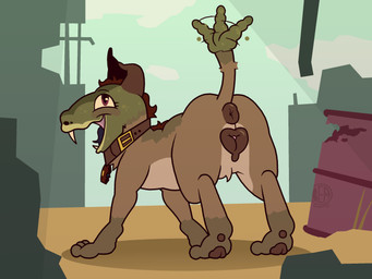 3_toes animal_genitalia animal_vulva anus bottle_cap brown_body brown_fur canine_genitalia canine_vulva collar desert fangs feet female female_feral feral forked_tongue fur genitals green_body green_scales looking_at_viewer looking_back mane post-apocalyptic puffy_anus raised_tail rattle_(anatomy) red_eyes ruins scales simple_background snake_eyes solo tail tail_anus teeth toes tongue vulva beanwater fallout microsoft hybrid night_stalker_(fallout) 4:3 hi_res