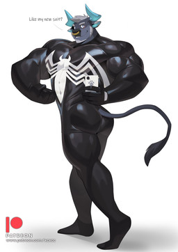 anthro barazoku biceps big_butt big_muscles black_clothing black_skinsuit blue_body blue_horn bodysuit butt cellphone clothed clothing electronics facial_piercing flexing flexing_bicep flexing_muscles fur holding_object horn looking_at_viewer male muscular muscular_anthro muscular_male nose_piercing nose_ring patreon_logo pecs phone piercing pose ring_piercing selfie simple_background skinsuit smartphone smile solo spandex superhero superhero_costume tail text thick_thighs tight_clothing toned_butt white_background cxcxxcxxxx marvel patreon venom_(marvel) bovid bovine cattle mammal symbiote absurd_res digital_media_(artwork) english_text hi_res pinup url