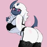 anthro anthrofied big_breasts big_butt blush bra breasts butt clothed clothing female fur garter_belt garter_straps hair hand_on_breast horn legwear lingerie looking_at_viewer looking_back pink_eyes pokemorph simple_background solo standing stockings tail thick_thighs thigh_highs underwear white_body white_fur kaelba nintendo pokemon absol canid generation_3_pokemon mammal pokemon_(species) digital_media_(artwork)