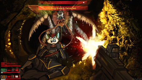 anthro blue_eyes blue_nose blue_tongue cave clothed clothing duo_focus fangs fur group gun hair holding_gun holding_object holding_ranged_weapon holding_weapon imminent_vore inside male male_anthro on_ground open_mouth ranged_weapon red_body red_fur red_hair scared sharp_teeth shooting short_hair teeth tentacles tongue trio weapon white_body white_fur acidic canid canine mammal monster 16:9 widescreen