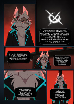 anthro black_clothing black_jacket black_topwear broadcast broadcasting clothing dialogue ear_tuft ears_up eyewear glasses jacket looking_at_viewer male neck_tuft neon neon_lights red_eyes red_glow red_light solo standing text topwear tuft window rednroge dorian_solvain canid canine canis fox mammal comic english_text hi_res