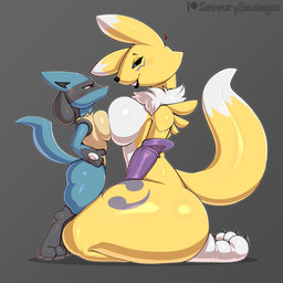 big_breasts big_butt black_sclera blue_body blue_eyes blue_fur blush breast_envy breast_size_difference breast_squish breasts breasts_frottage butt cross-popping_vein duo eye_contact female female/female fur hands_on_hips heart_reaction heart_symbol hearts_around_head huge_breasts lips looking_at_another looking_down looking_up multicolored_body multicolored_fur red_eyes simple_background sitting size_difference smile squish tail tan_body tan_fur thick_bottom_lip thick_thighs yellow_body yellow_fur savourysausages bandai_namco digimon nintendo pokemon canid digimon_(species) generation_4_pokemon lucario mammal pokemon_(species) renamon 1:1 2023 absurd_res crossover hi_res signature