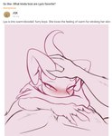 anthro ask_blog blush cuddling duo female first_person_view fur headpat looking_at_viewer lying male male/female on_top petting size_difference smaller_female text jarnqk curious_cat lya_(jarnqk) kobold scalie 2022 digital_media_(artwork) english_text sketch