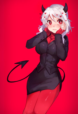 bottomwear breasts clothed clothing female hair heart_eyes heart_symbol horn jacket not_furry red_background red_clothing red_eyes red_sweater red_topwear simple_background skirt solo spade_tail sweater tail topwear white_hair benzbt helltaker modeus_(helltaker) demon humanoid 2020 absurd_res hi_res