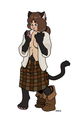 big_breasts bottomwear breasts brown_hair clothing female gender_transformation hair kilt long_hair navel pawpads shrinking simple_background size_transformation snout solo species_transformation standing transformation white_background blackshirtboy tharkis domestic_cat felid feline felis human mammal 2018 hi_res