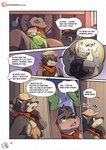 absurd_res age_difference andrew_(risenpaw) anthro bottomwear brown_body bulge canid canine canis clothing comic countershading dialogue english_text fur headgear hi_res loincloth male mammal marcus_(risenpaw) mostly_nude multicolored_body mustelid navel older_male otter pawpads paws procyonid raccoon risenpaw scarf slightly_chubby solo tavern text url wolf