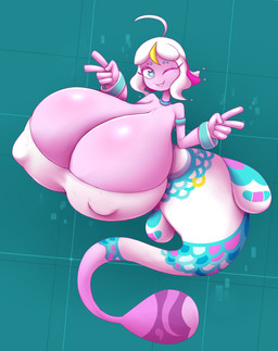 big_breasts blue_eyes breasts female gesture hair hand_gesture heart_eyes heart_symbol huge_breasts hyper hyper_breasts nipple_outline one_eye_closed pink_body pink_skin solo split_form v_sign white_hair wink elfdrago no_straight_roads sayu_(nsr) aquatic humanoid merfolk 2021 absurd_res digital_media_(artwork) hi_res