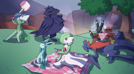 anthro basket beak bedding biped black_beak black_ears black_eyes black_sclera black_tail blanket blue_body blue_ears blue_hair blue_horn blue_inner_ear blue_sclera blue_tail blue_tail_tip circle_(marking) claws clothing container dark_hair dark_inner_ear dark_tail dark_tail_tip dipstick_tail eyelashes eyes_closed feathered_tail feathered_wings feathers feral fur furniture grass green_body green_clothing green_hair group hair hammer holding_hammer holding_object holding_tool horn jewelry lying markings mountain multicolored_body multicolored_ears necklace on_back open_mouth orange_sclera picnic picnic_basket picnic_table pink_body plant purple_beak purple_body purple_claws purple_feathers purple_fur purple_tail purple_wings quadruped red_body red_eyes sitting size_difference sleeping smile star_eyes table tail tail_markings tools tree two_tone_body two_tone_ears vial vial_necklace white_claws white_clothing white_eyes white_hair wings yellow_body yellow_ears yellow_tail zoomies motherlatias nintendo pokemon corviknight eeveelution garchomp gardevoir generation_2_pokemon generation_3_pokemon generation_4_pokemon generation_8_pokemon glaceon pokemon_(species) roserade umbreon 2025 animated digital_media_(artwork) hi_res no_sound short_playtime video