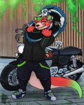 2024 anthro clothed clothing digital_media_(artwork) dragon duo eastern_dragon eyebrows feral footwear grass hi_res hug male motorcycle mythological_creature mythological_scalie mythology outside partyzan plant scalie shoes size_difference tail urban vehicle