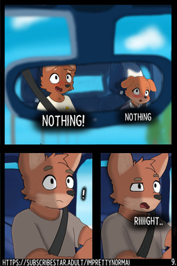 anthro awkward blush car clothed clothing dialogue eyebrows female grey_hair hair inside_car inside_vehicle looking_back male nervous page_number raised_eyebrow rearview_mirror seat_belt seating simple_background steering_wheel suspicious text vehicle young young_anthro imprettynormai erin_(imprettynormai) patrick_(imprettynormai) sam_(imprettynormai) canid canine mammal 2:3 absurd_res comic hi_res brother_(lore) brother_and_sister_(lore) father_(lore) parent_(lore) parent_and_child_(lore) sibling_(lore) sister_(lore)