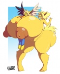 anthro between_breasts big_breasts big_butt breasts butt duo feathered_wings feathers female genitals hair huge_breasts hyper hyper_breasts larger_female male nipples nude pokemorph pussy size_difference smaller_male wide_hips wings dedoarts nintendo pokemon blitza fan_character jolty eeveelution generation_1_pokemon jolteon pokemon_(species)