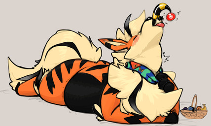 basket belly big_belly big_butt blue_scarf blush blush_lines butt chest_tuft container duo endosoma extreme_size_difference eyes_closed feral fruit_basket grey_background head_tilted_back lying male markings neck_bulge on_front orange_body raised_head safe_vore scarf simple_background size_difference striped_markings striped_tail stripes tail tail_markings thick_tail thick_thighs tongue tongue_out tuft vore raster_dreams nintendo pokemon arlean_(raster_dreams) lumens_(raster_dreams) arcanine generation_1_pokemon generation_2_pokemon mareep pokemon_(species) 2025 digital_drawing_(artwork) digital_media_(artwork) hi_res