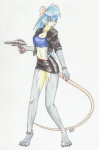 anthro blue_hair bottomwear claws clothed clothing female gun hair handgun jacket jewelry leather looking_away pistol ranged_weapon ring skirt solo topwear weapon ratofblades mammal murid murine rat rodent 2014 mixed_media painting_(artwork) pen_(artwork) traditional_media_(artwork) watercolor_(artwork)