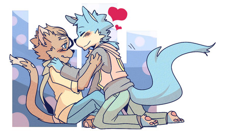 3_toes abstract_background anthro anthro_on_anthro barefoot biped black_nose blue_body blue_fur blush border bottomwear brown_body brown_fur cheek_tuft chest_tuft clothed clothing dipstick_ears dipstick_tail duo ear_markings eyes_closed facial_tuft feet fully_clothed fur fur_markings hand_on_shoulder head_tuft heart_symbol hoodie kneeling looking_at_another looking_at_partner male male/male markings multicolored_body multicolored_ears multicolored_fur multicolored_tail pants pawpads pink_pawpads romantic romantic_couple scarf shirt simple_background sitting sleeveless_clothing smile tail tail_markings tan_body tan_fur toes topwear tuft two_tone_body two_tone_fur white_border saku1saya seiya_(saku1saya) canid canine canis domestic_dog mammal 2015