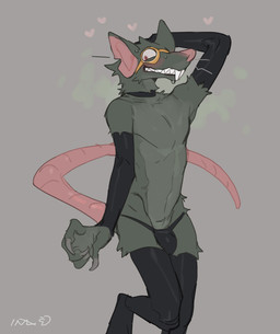 anthro arm_warmers armwear biped black_arm_warmers black_armwear black_clothing black_legwear black_thigh_highs black_underwear blush bodily_fluids buckteeth bulge choker claws clenched_teeth clothed clothing crooked_whiskers eyewear fangs finger_claws fur goggles grey_background grey_body grey_fur grin hairless_tail hand_behind_head heart_symbol jewelry legwear looking_aside male neck_tuft necklace nervous nervous_smile notched_ear pink_eyes raised_leg rat_tail red_eyes sharp_teeth shy simple_background slim smelly smile solo sweat sweatdrop tail teeth thigh_highs topless tuft underwear whiskers bebebebebe league_of_legends riot_games tencent twitch_(lol) mammal murid murine rat rodent 2022 digital_media_(artwork) hi_res
