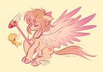 brown_hair cutie_mark duo eyes_closed female hair male simple_background wings imalou cardcaptor_sakura hasbro my_little_pony mythology kero_(cardcaptor_sakura) sakura_kinomoto equid equine horse mammal mythological_creature mythological_equine pegasus pony