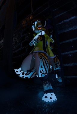 alley andromorph animal_genitalia animal_penis bioluminescence black_markings black_sclera blue_body blue_eyes blue_fur broken_glass clothing crossed_arms dipstick_tail eyewear fog fur genitals glass glowing glowing_eyes glowing_genitalia glowing_markings glowing_vulva gradient_fur heterochromia intersex jacket leaning_on_object leaning_on_wall leg_warmers legwear looking_at_viewer markings mirror mirror_reflection night orange_body orange_eyes orange_fur penis reflection ring_(jewelry) sheath skull_symbol sky spots spotted_markings standing sunglasses tail tail_markings topwear vulva yellow_clothing yellow_jacket_(clothing) yellow_topwear x1x_riptide blender_(copyright) riptide_(x1x_riptide) felid feline leopardus mammal mayu_(azuki) ocelot absurd_res blender_(artwork) blender_cycles_(artwork) digital_media_(artwork) hi_res