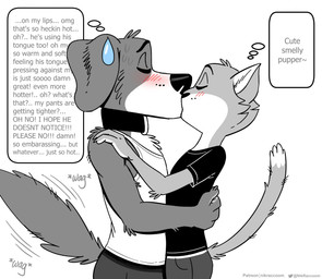 anthro anthro_on_anthro biped black_clothing black_shirt black_topwear blush bodily_fluids bottomwear claws clothed clothed_anthro clothed_male clothing collar duo finger_claws fingers hug humanoid_hands interspecies kissing male male/male nervous pants romantic romantic_couple shirt side_view sweat sweatdrop tail tail_motion tailwag tank_top text thought_bubble topwear white_clothing white_shirt white_tank_top white_topwear nikraccoom canid canine canis domestic_cat domestic_dog felid feline felis mammal artist_name english_text greyscale half-length_portrait hi_res monochrome portrait