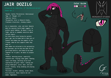 alternate_universe anthro big_penis biped cellphone clothed clothing electronics eyewear genitals glasses gradient_background hair keychain male male_anthro navel non-mammal_navel penis phone pink_eyes pink_hair simple_background solo standing text text_box overlord_gabriel godzilla_(series) toho fan_character godzilla jair_dozilg_(oc) kaiju scalie digital_drawing_(artwork) digital_media_(artwork) english_text hi_res model_sheet